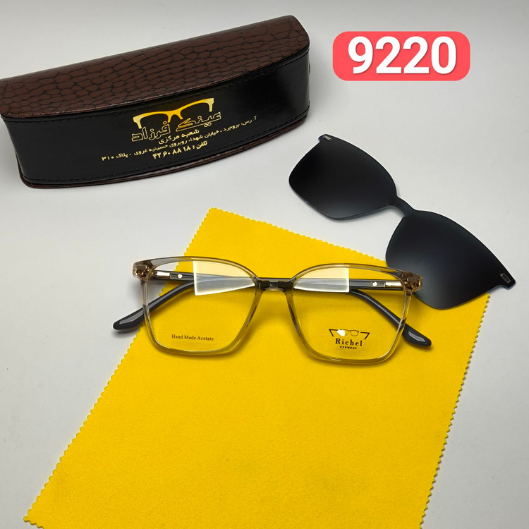 عینک طبی کاور دار ریچل Richel مدل 9220 اورجینال دسته سیم کائوچو پلاریزه اسیتیت به همراه پک هدیه