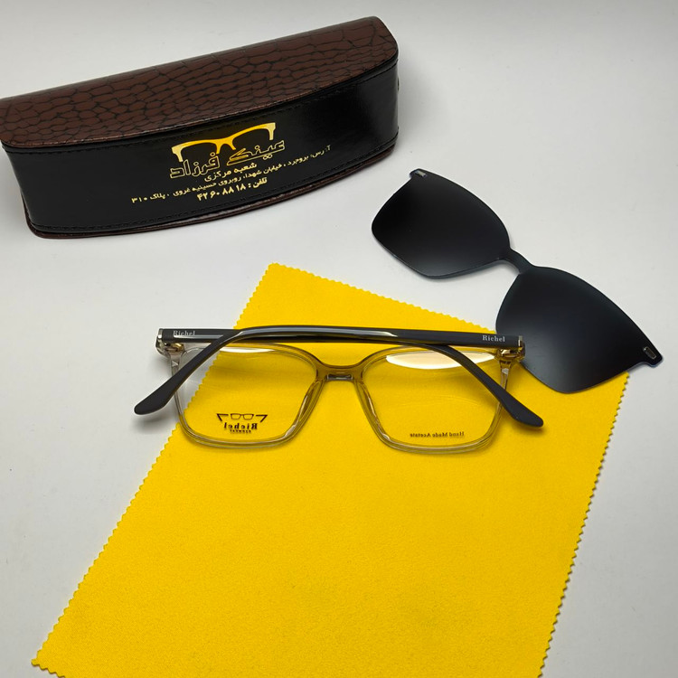عینک طبی کاور دار ریچل Richel مدل 9220 اورجینال دسته سیم کائوچو پلاریزه اسیتیت به همراه پک هدیه