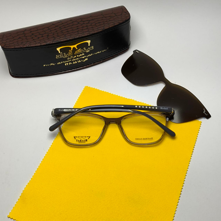 عینک طبی کاور دار ریچل Richel مدل 9214 اورجینال دسته سیم کائوچو پلاریزه اسیتیت به همراه پک هدیه